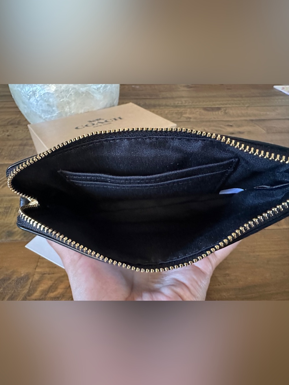Black Coach Corner Zip Wristlet in Signature Black Debossed Patent Leather. - Picture 5 of 5